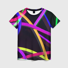 Женская футболка 3D с принтом Светящиеся полосы в Новосибирске, 100% полиэфир ( синтетическое хлопкоподобное полотно) | прямой крой, круглый вырез горловины, длина до линии бедер | abstract | neon | абстрактно | абстрактный | абстракция | линии | неон | неонка | неоновая | неоновые | неоновый | полоски | полосы | разноцветные | светящиеся | цветные