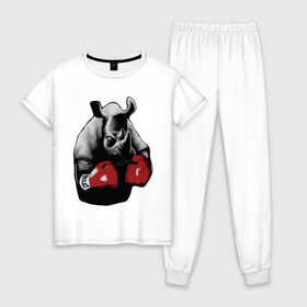 Женская пижама хлопок с принтом носорог в боксерских перчатках в Новосибирске, 100% хлопок | брюки и футболка прямого кроя, без карманов, на брюках мягкая резинка на поясе и по низу штанин | бокс | носорог | носорог в боксерских перчатках | перчатки | силовой спорт