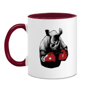 Кружка двухцветная с принтом носорог в боксерских перчатках в Новосибирске, керамика | объем — 330 мл, диаметр — 80 мм. Цветная ручка и кайма сверху, в некоторых цветах — вся внутренняя часть | бокс | носорог | носорог в боксерских перчатках | перчатки | силовой спорт