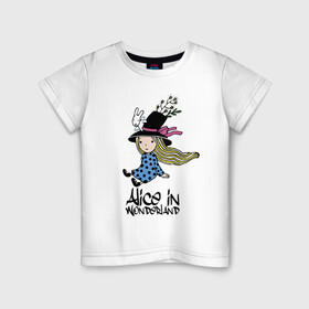 Детская футболка хлопок с принтом Алиса в стране чудес в Новосибирске, 100% хлопок | круглый вырез горловины, полуприлегающий силуэт, длина до линии бедер | alice | dress | girl | hair | hat | rabbit | ribbon | tale | wings | алиса | бант | волосы | девочка | кролик | крылья | лицо | платье | сказка | шляпа