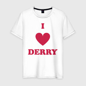 Мужская футболка хлопок с принтом I Love Derry в Новосибирске, 100% хлопок | прямой крой, круглый вырез горловины, длина до линии бедер, слегка спущенное плечо. | clown | derry | it | lover | pennywise | stephen king | дерри | клоун | оно | пеннивайз | стивен кинг