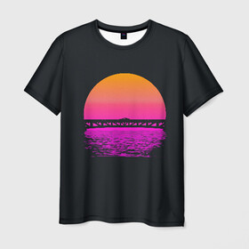 Мужская футболка 3D с принтом Hotline Maiami в Новосибирске, 100% полиэфир | прямой крой, круглый вырез горловины, длина до линии бедер | 80 | cyber | game | hotline | hotlinemiami | maiami | music | outrun | retro | retrowave | synth | synthwave | вода | игра | кибер | луна | море | ночь | океан | отражение | ретро