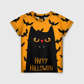Детская футболка 3D с принтом Happy halloween в Новосибирске, 100% гипоаллергенный полиэфир | прямой крой, круглый вырез горловины, длина до линии бедер, чуть спущенное плечо, ткань немного тянется | halloween | horror | вампир | кот | кот вампир | котик | кошка | летучие мыши | мыши | пятница 13 | страшилки | страшно | ужасы | хоррор | хэллоуин