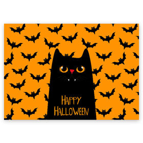 Поздравительная открытка с принтом Happy halloween в Новосибирске, 100% бумага | плотность бумаги 280 г/м2, матовая, на обратной стороне линовка и место для марки
 | Тематика изображения на принте: halloween | horror | вампир | кот | кот вампир | котик | кошка | летучие мыши | мыши | пятница 13 | страшилки | страшно | ужасы | хоррор | хэллоуин