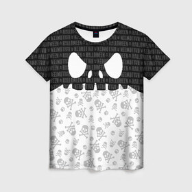 Женская футболка 3D с принтом Halloween в Новосибирске, 100% полиэфир ( синтетическое хлопкоподобное полотно) | прямой крой, круглый вырез горловины, длина до линии бедер | ghost | halloween | pumpkin | skull | zombie | ведьма | джек | дух | зомби | кельты | кости | криповый | крипота | монстр | нечисть | праздник | привидение | призрак | пугало | скелет | страшный | тень | тыква | хеллоуин