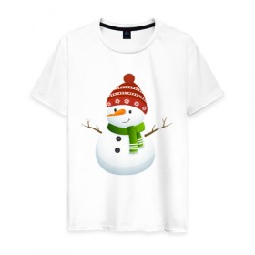 Мужская футболка хлопок с принтом Снеговик в Новосибирске, 100% хлопок | прямой крой, круглый вырез горловины, длина до линии бедер, слегка спущенное плечо. | в подарок | дед мороз | зима | новогодние | новый год | подарок | рождество | с новым годом | снег | снеговик