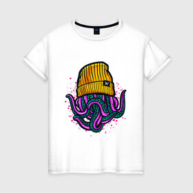 Женская футболка хлопок с принтом Octopus в Новосибирске, 100% хлопок | прямой крой, круглый вырез горловины, длина до линии бедер, слегка спущенное плечо | emo | lil peep | octopus | purple | rap | rock | в шапке | желтый | монстр | осьминог | тату | татуировка | фиолетовый | щупальца | щупальцы | яркий цвет