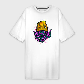 Платье-футболка хлопок с принтом Octopus в Новосибирске,  |  | emo | lil peep | octopus | purple | rap | rock | в шапке | желтый | монстр | осьминог | тату | татуировка | фиолетовый | щупальца | щупальцы | яркий цвет
