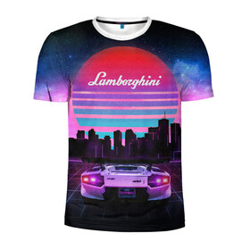Мужская футболка 3D спортивная с принтом Lamborghini overdrive в Новосибирске, 100% полиэстер с улучшенными характеристиками | приталенный силуэт, круглая горловина, широкие плечи, сужается к линии бедра | 80х | 90х | hotlinemimai | outrun | retrowave | synth | synthwave | гонки | дискотека | драйв | ламборгини | ламборджини | неоновые | ретро | светящиеся | скорость