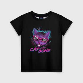 Детская футболка 3D с принтом Cat To The Bone в Новосибирске, 100% гипоаллергенный полиэфир | прямой крой, круглый вырез горловины, длина до линии бедер, чуть спущенное плечо, ткань немного тянется | 80 | bone | bones | cat | cyber | game | hotline | hotlinemiami | maiami | music | outrun | retro | retrowave | skull | synth | synthwave | игра | кибер | кот | кошка | ретро | череп