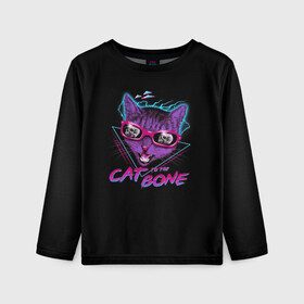 Детский лонгслив 3D с принтом Cat To The Bone в Новосибирске, 100% полиэстер | длинные рукава, круглый вырез горловины, полуприлегающий силуэт
 | 80 | bone | bones | cat | cyber | game | hotline | hotlinemiami | maiami | music | outrun | retro | retrowave | skull | synth | synthwave | игра | кибер | кот | кошка | ретро | череп