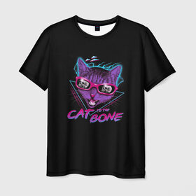 Мужская футболка 3D с принтом Cat To The Bone в Новосибирске, 100% полиэфир | прямой крой, круглый вырез горловины, длина до линии бедер | Тематика изображения на принте: 80 | bone | bones | cat | cyber | game | hotline | hotlinemiami | maiami | music | outrun | retro | retrowave | skull | synth | synthwave | игра | кибер | кот | кошка | ретро | череп