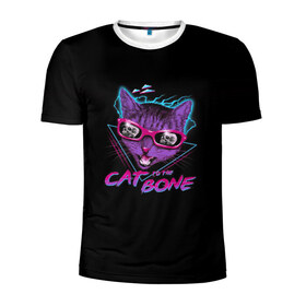 Мужская футболка 3D спортивная с принтом Cat To The Bone в Новосибирске, 100% полиэстер с улучшенными характеристиками | приталенный силуэт, круглая горловина, широкие плечи, сужается к линии бедра | 80 | bone | bones | cat | cyber | game | hotline | hotlinemiami | maiami | music | outrun | retro | retrowave | skull | synth | synthwave | игра | кибер | кот | кошка | ретро | череп