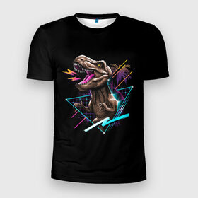 Мужская футболка 3D спортивная с принтом Тираннозавр Рекс в Новосибирске, 100% полиэстер с улучшенными характеристиками | приталенный силуэт, круглая горловина, широкие плечи, сужается к линии бедра | Тематика изображения на принте: 80 | cyber | dinosaur | game | hotline | maiami | music | outrun | retro | retrowave | rex | synth | synthwave | tyrannosaur | динозавр | игра | кибер | рекс | ретро | тираннозавр
