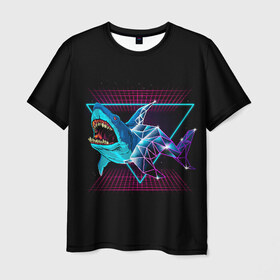 Мужская футболка 3D с принтом Shark в Новосибирске, 100% полиэфир | прямой крой, круглый вырез горловины, длина до линии бедер | 80 | cyber | dark | game | hotline | hotlinemiami | maiami | moon | music | outrun | retro | retrowave | shark | synth | synthwave | акула | игра | кибер | луна | море | ночь | океан | ретро