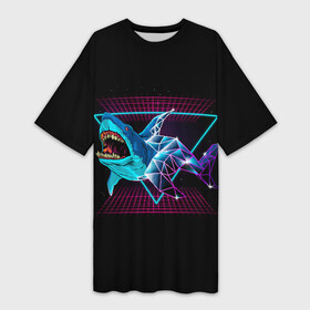 Платье-футболка 3D с принтом Shark в Новосибирске,  |  | 80 | cyber | dark | game | hotline | hotlinemiami | maiami | moon | music | outrun | retro | retrowave | shark | synth | synthwave | акула | игра | кибер | луна | море | ночь | океан | ретро