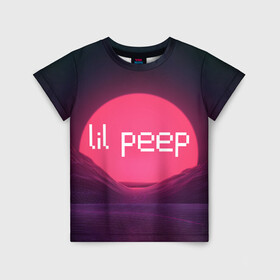 Детская футболка 3D с принтом lil peep(Logo) в Новосибирске, 100% гипоаллергенный полиэфир | прямой крой, круглый вырез горловины, длина до линии бедер, чуть спущенное плечо, ткань немного тянется | cry baby | lil peep | logo | rap | заход солнца | знаменитости. эмо | известный исполнитель | неон | пип | редактируемое лого | реп | розоватый оттенок | рок | рэп | яркий фон