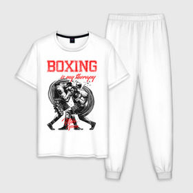 Мужская пижама хлопок с принтом Boxing is my therapy в Новосибирске, 100% хлопок | брюки и футболка прямого кроя, без карманов, на брюках мягкая резинка на поясе и по низу штанин
 | boxing | mike tyson | my therapy | бокс | майк тайсон