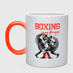 Кружка хамелеон с принтом Boxing is my therapy в Новосибирске, керамика | меняет цвет при нагревании, емкость 330 мл | boxing | mike tyson | my therapy | бокс | майк тайсон
