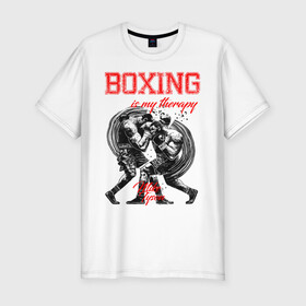Мужская футболка хлопок Slim с принтом Boxing is my therapy в Новосибирске, 92% хлопок, 8% лайкра | приталенный силуэт, круглый вырез ворота, длина до линии бедра, короткий рукав | boxing | mike tyson | my therapy | бокс | майк тайсон