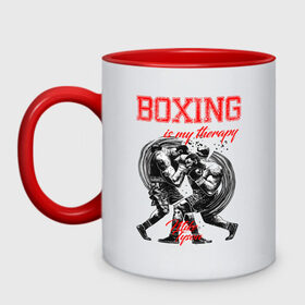 Кружка двухцветная с принтом Boxing is my therapy в Новосибирске, керамика | объем — 330 мл, диаметр — 80 мм. Цветная ручка и кайма сверху, в некоторых цветах — вся внутренняя часть | Тематика изображения на принте: boxing | mike tyson | my therapy | бокс | майк тайсон