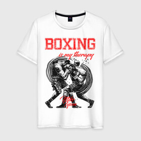 Мужская футболка хлопок с принтом Boxing is my therapy в Новосибирске, 100% хлопок | прямой крой, круглый вырез горловины, длина до линии бедер, слегка спущенное плечо. | boxing | mike tyson | my therapy | бокс | майк тайсон