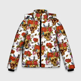 Зимняя куртка для мальчиков 3D с принтом Skulls and Roses в Новосибирске, ткань верха — 100% полиэстер; подклад — 100% полиэстер, утеплитель — 100% полиэстер | длина ниже бедра, удлиненная спинка, воротник стойка и отстегивающийся капюшон. Есть боковые карманы с листочкой на кнопках, утяжки по низу изделия и внутренний карман на молнии. 

Предусмотрены светоотражающий принт на спинке, радужный светоотражающий элемент на пуллере молнии и на резинке для утяжки | Тематика изображения на принте: flowers | halloween | rose | skull | tattoo | жуки | насекомые | роза | тату | татуировка | хеллоуин | хэллоуин | цветок | цветы | череп