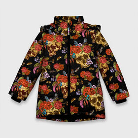 Зимняя куртка для девочек 3D с принтом Skulls and Roses в Новосибирске, ткань верха — 100% полиэстер; подклад — 100% полиэстер, утеплитель — 100% полиэстер. | длина ниже бедра, удлиненная спинка, воротник стойка и отстегивающийся капюшон. Есть боковые карманы с листочкой на кнопках, утяжки по низу изделия и внутренний карман на молнии. 

Предусмотрены светоотражающий принт на спинке, радужный светоотражающий элемент на пуллере молнии и на резинке для утяжки. | flowers | halloween | rose | skull | tattoo | жуки | насекомые | роза | тату | татуировка | хеллоуин | хэллоуин | цветок | цветы | череп