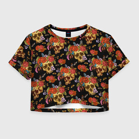 Женская футболка Crop-top 3D с принтом Skulls and Roses в Новосибирске, 100% полиэстер | круглая горловина, длина футболки до линии талии, рукава с отворотами | flowers | halloween | rose | skull | tattoo | жуки | насекомые | роза | тату | татуировка | хеллоуин | хэллоуин | цветок | цветы | череп