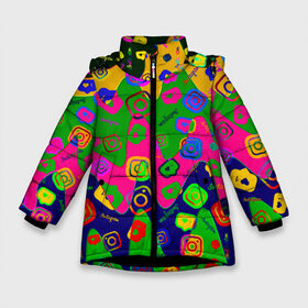 Зимняя куртка для девочек 3D с принтом Instagram в Новосибирске, ткань верха — 100% полиэстер; подклад — 100% полиэстер, утеплитель — 100% полиэстер. | длина ниже бедра, удлиненная спинка, воротник стойка и отстегивающийся капюшон. Есть боковые карманы с листочкой на кнопках, утяжки по низу изделия и внутренний карман на молнии. 

Предусмотрены светоотражающий принт на спинке, радужный светоотражающий элемент на пуллере молнии и на резинке для утяжки. | application | instagram | инстаграм | приложение