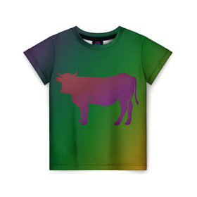 Детская футболка 3D с принтом Корова(трехцветный градиент) в Новосибирске, 100% гипоаллергенный полиэфир | прямой крой, круглый вырез горловины, длина до линии бедер, чуть спущенное плечо, ткань немного тянется | animals | животные | звери | корова | коровка | коровы | мягкий цвет | прикольная картинка | простая картинка