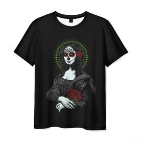 Мужская футболка 3D с принтом Mona Lisa - Santa Muerte в Новосибирске, 100% полиэфир | прямой крой, круглый вырез горловины, длина до линии бедер | dead | death | lisa | mona | muerte | muertos | santa | день | искуство | картина | лиза | мона | муэрте | муэртес | муэртос | роза | розы | санта | тату | татуировка | цветы | череп