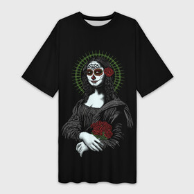 Платье-футболка 3D с принтом Mona Lisa   Santa Muerte в Новосибирске,  |  | dead | death | lisa | mona | muerte | muertos | santa | день | искуство | картина | лиза | мона | муэрте | муэртес | муэртос | роза | розы | санта | тату | татуировка | цветы | череп