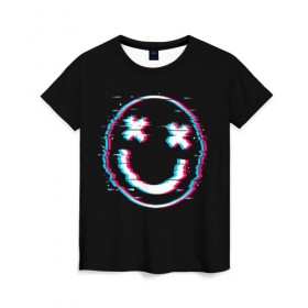 Женская футболка 3D с принтом Glitch Smile в Новосибирске, 100% полиэфир ( синтетическое хлопкоподобное полотно) | прямой крой, круглый вырез горловины, длина до линии бедер | art | glitch | smile | арт | глитч | глич | картинка | картинки | мода | прикольная | прикольные | смайл | смайли | смайлик | тренд | тренды