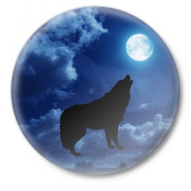 Значок с принтом WOLF в Новосибирске,  металл | круглая форма, металлическая застежка в виде булавки | wolf | волк | луна | ночь