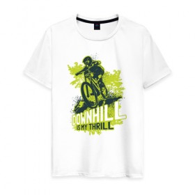 Мужская футболка хлопок с принтом Downhill в Новосибирске, 100% хлопок | прямой крой, круглый вырез горловины, длина до линии бедер, слегка спущенное плечо. | Тематика изображения на принте: downhill | велосипед | велосипедист | велоспорт | скоростной спуск | экстрим