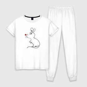 Женская пижама хлопок с принтом Мышка белая в Новосибирске, 100% хлопок | брюки и футболка прямого кроя, без карманов, на брюках мягкая резинка на поясе и по низу штанин | 