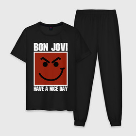 Мужская пижама хлопок с принтом Bon Jovi в Новосибирске, 100% хлопок | брюки и футболка прямого кроя, без карманов, на брюках мягкая резинка на поясе и по низу штанин
 | bon jovi | john | альбом | арена | бон | бон джови | глэм | группа | джови | джон | метал | музыка | надпись | песни | поп | попрок | рок | рокер | смайл | солист | софт | стена | хард | хеви | хевиметал