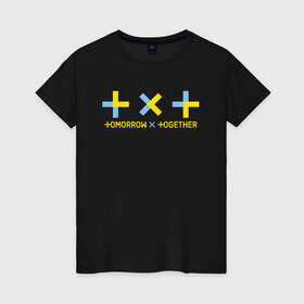 Женская футболка хлопок с принтом TOMORROW X TOGETHER в Новосибирске, 100% хлопок | прямой крой, круглый вырез горловины, длина до линии бедер, слегка спущенное плечо | Тематика изображения на принте: tomorrow x together | txt