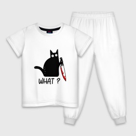 Детская пижама хлопок с принтом What cat в Новосибирске, 100% хлопок |  брюки и футболка прямого кроя, без карманов, на брюках мягкая резинка на поясе и по низу штанин
 | cat | kitten | knife | what | кот | котёнок | кошка | кровь | нож | что