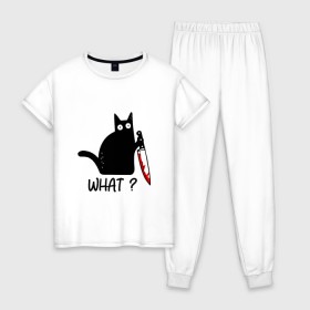 Женская пижама хлопок с принтом What cat в Новосибирске, 100% хлопок | брюки и футболка прямого кроя, без карманов, на брюках мягкая резинка на поясе и по низу штанин | cat | kitten | knife | what | кот | котёнок | кошка | кровь | нож | что