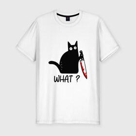 Мужская футболка премиум с принтом What cat в Новосибирске, 92% хлопок, 8% лайкра | приталенный силуэт, круглый вырез ворота, длина до линии бедра, короткий рукав | Тематика изображения на принте: cat | kitten | knife | what | кот | котёнок | кошка | кровь | нож | что