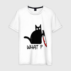 Мужская футболка хлопок с принтом What cat в Новосибирске, 100% хлопок | прямой крой, круглый вырез горловины, длина до линии бедер, слегка спущенное плечо. | cat | kitten | knife | what | кот | котёнок | кошка | кровь | нож | что