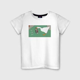 Детская футболка хлопок с принтом Гусь и радио в Новосибирске, 100% хлопок | круглый вырез горловины, полуприлегающий силуэт, длина до линии бедер | epic store | ugg | untitled goose game | гусь | игра без названия | игра про гуся | неназванная игра про гуся