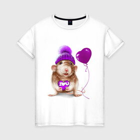 Женская футболка хлопок с принтом Крыска с шариком в Новосибирске, 100% хлопок | прямой крой, круглый вырез горловины, длина до линии бедер, слегка спущенное плечо | heart | lovely | крыса | крыска | любовь | мими | романтика | сердечки | сердце | шарик
