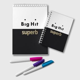 Блокнот с принтом Big Hit superb в Новосибирске, 100% бумага | 48 листов, плотность листов — 60 г/м2, плотность картонной обложки — 250 г/м2. Листы скреплены удобной пружинной спиралью. Цвет линий — светло-серый
 | big hit | bts | twice | txt