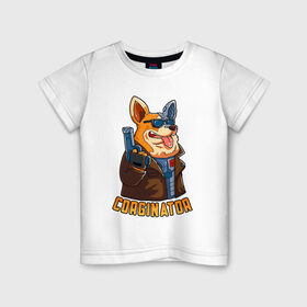 Детская футболка хлопок с принтом Corginator в Новосибирске, 100% хлопок | круглый вырез горловины, полуприлегающий силуэт, длина до линии бедер | вельш корги | корги | мульт | пародия | пес | с пистолетом | собака | терминатор | юмор