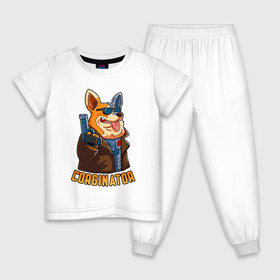 Детская пижама хлопок с принтом Corginator в Новосибирске, 100% хлопок |  брюки и футболка прямого кроя, без карманов, на брюках мягкая резинка на поясе и по низу штанин
 | вельш корги | корги | мульт | пародия | пес | с пистолетом | собака | терминатор | юмор