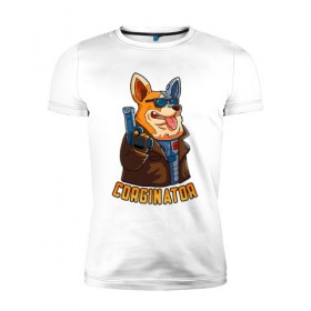 Мужская футболка премиум с принтом Corginator в Новосибирске, 92% хлопок, 8% лайкра | приталенный силуэт, круглый вырез ворота, длина до линии бедра, короткий рукав | вельш корги | корги | мульт | пародия | пес | с пистолетом | собака | терминатор | юмор