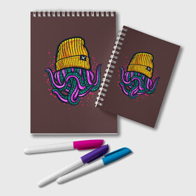 Блокнот с принтом Octopus(Lil Peep GBC) в Новосибирске, 100% бумага | 48 листов, плотность листов — 60 г/м2, плотность картонной обложки — 250 г/м2. Листы скреплены удобной пружинной спиралью. Цвет линий — светло-серый
 | gbc | lil | peep | rap | rock | бордовый | желтый | зеленый | исполнитель | картинка | надпись на спине | осьминог | редактируемый дизайн | рок | рэп | рэпер | сочный цвет | фиолетовый